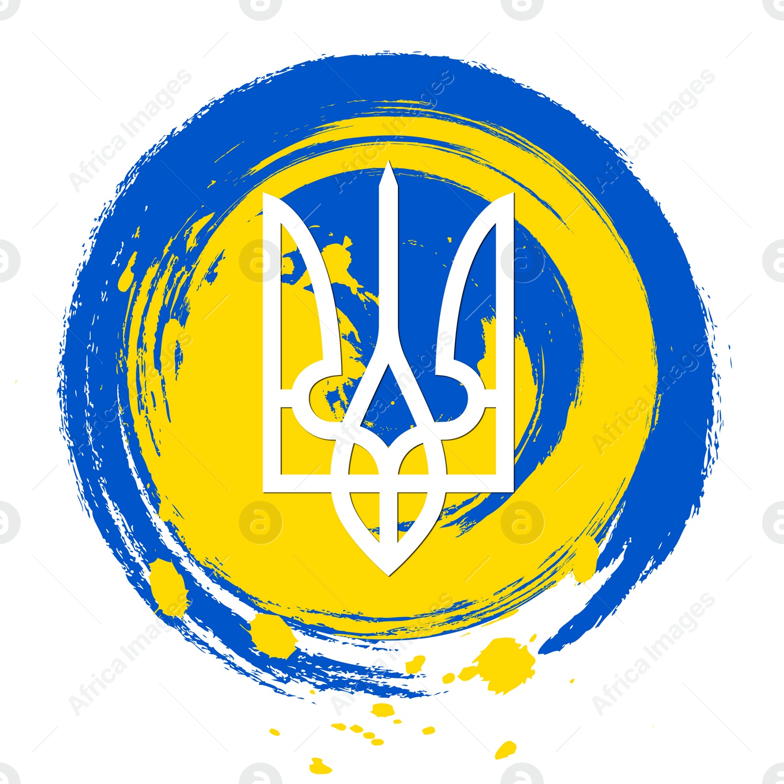 Illustration of Stop war in Ukraine. Trizub and brushstrokes in colors of Ukrainian flag on white background