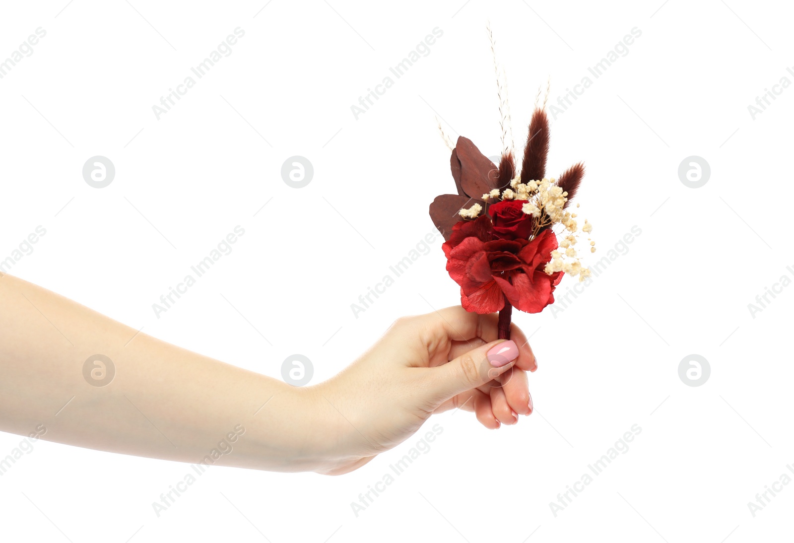 Photo of Woman holding stylish boutonniere on white background, closeup