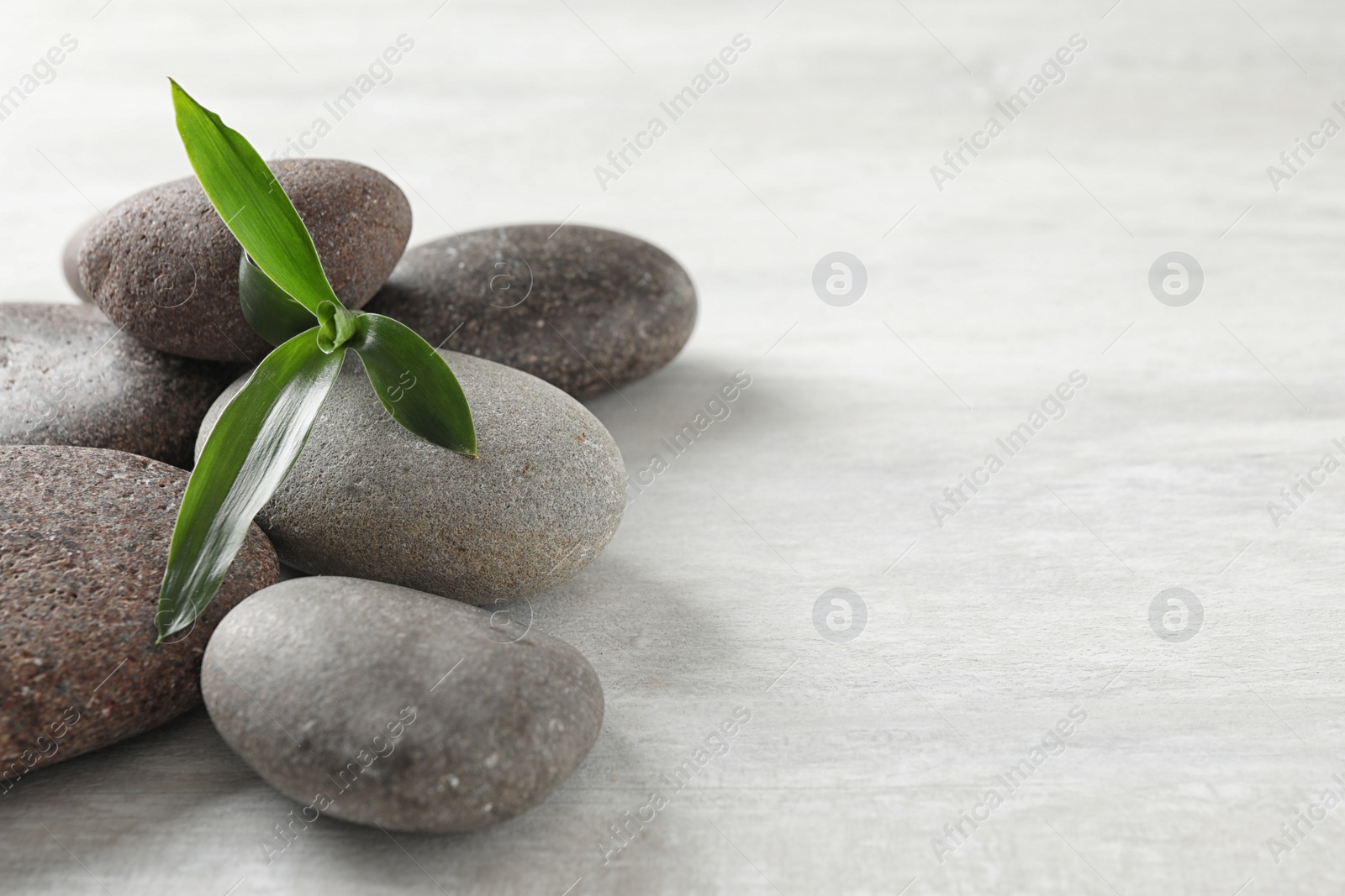 Photo of Spa stones with bamboo on grey background. Space for text