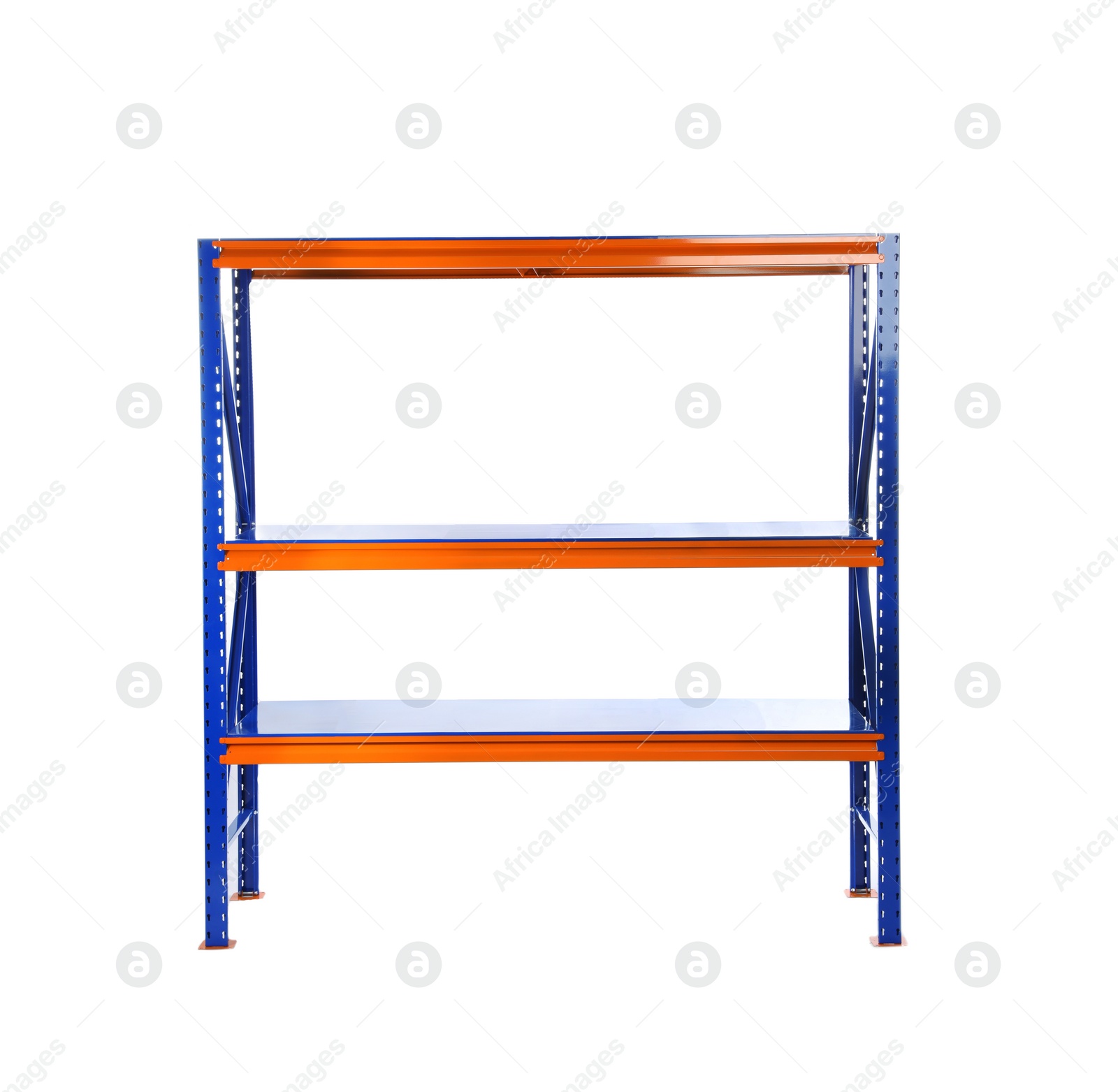 Photo of Empty metal shelving unit isolated on white