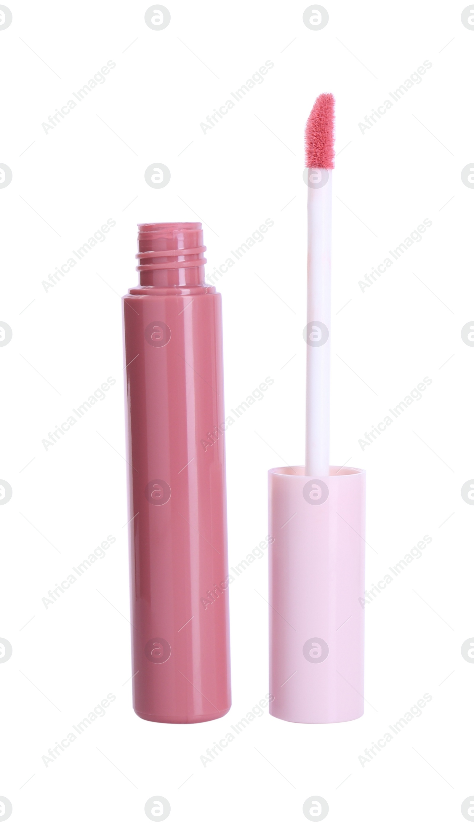 Photo of Pink lip gloss and applicator isolated on white. Cosmetic product