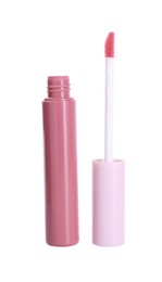 Pink lip gloss and applicator isolated on white. Cosmetic product