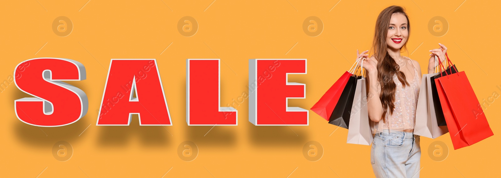 Image of Beautiful young woman with paper shopping bags and word Sale on orange background, banner design