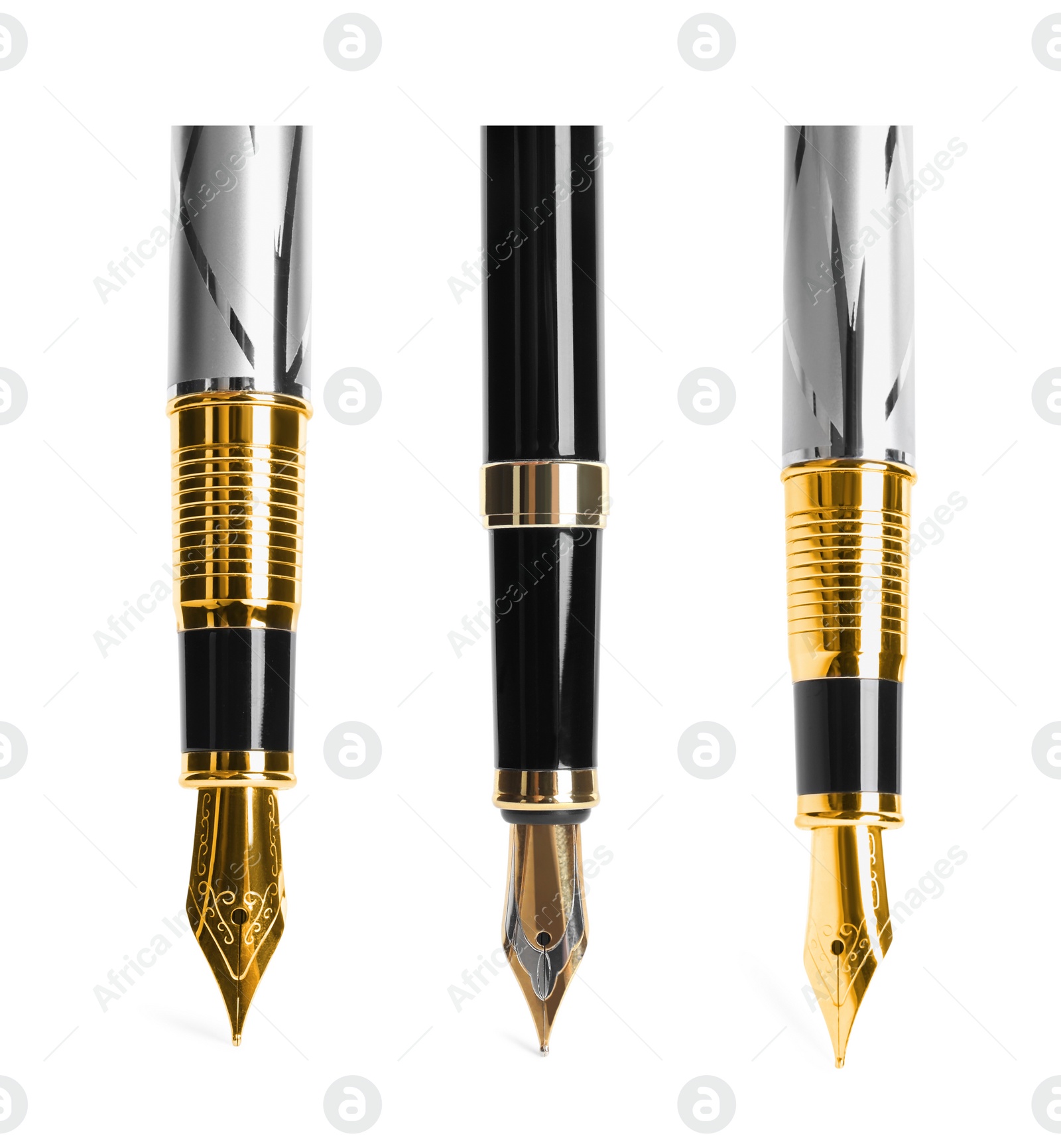 Image of Set with different beautiful fountain pens on white background