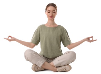 Photo of Beautiful young woman meditating on white background