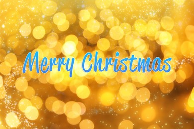 Image of Greeting card with phrase Merry Christmas on golden background with blurred lights