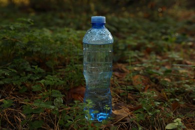 Plastic bottle of fresh water on green grass outdoors