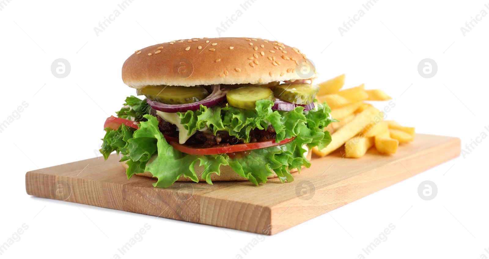 Photo of Delicious burger with beef patty and french fries isolated on white