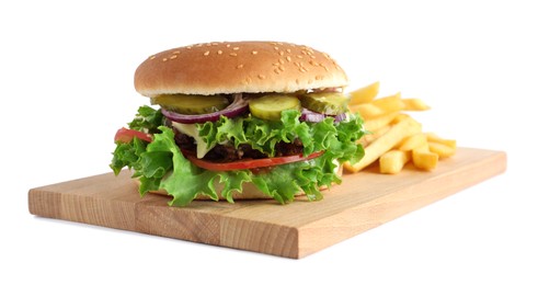 Photo of Delicious burger with beef patty and french fries isolated on white
