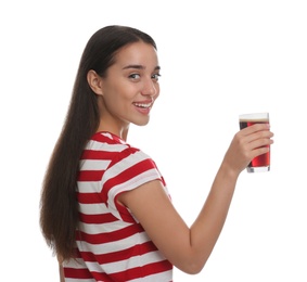 Beautiful woman with cold kvass on white background. Traditional Russian summer drink