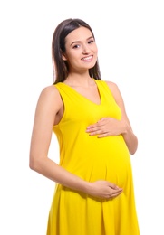 Young pregnant woman in casual clothes on white background