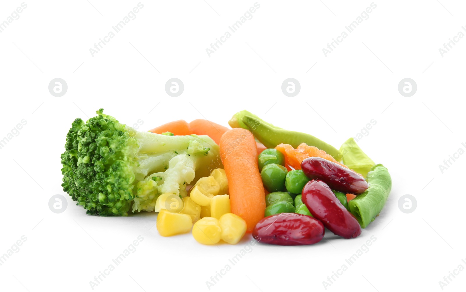 Photo of Pile of frozen vegetables on white background