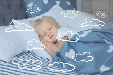 Sweet dreams. Cute little girl sleeping in bed, birds and clouds illustrations on foreground