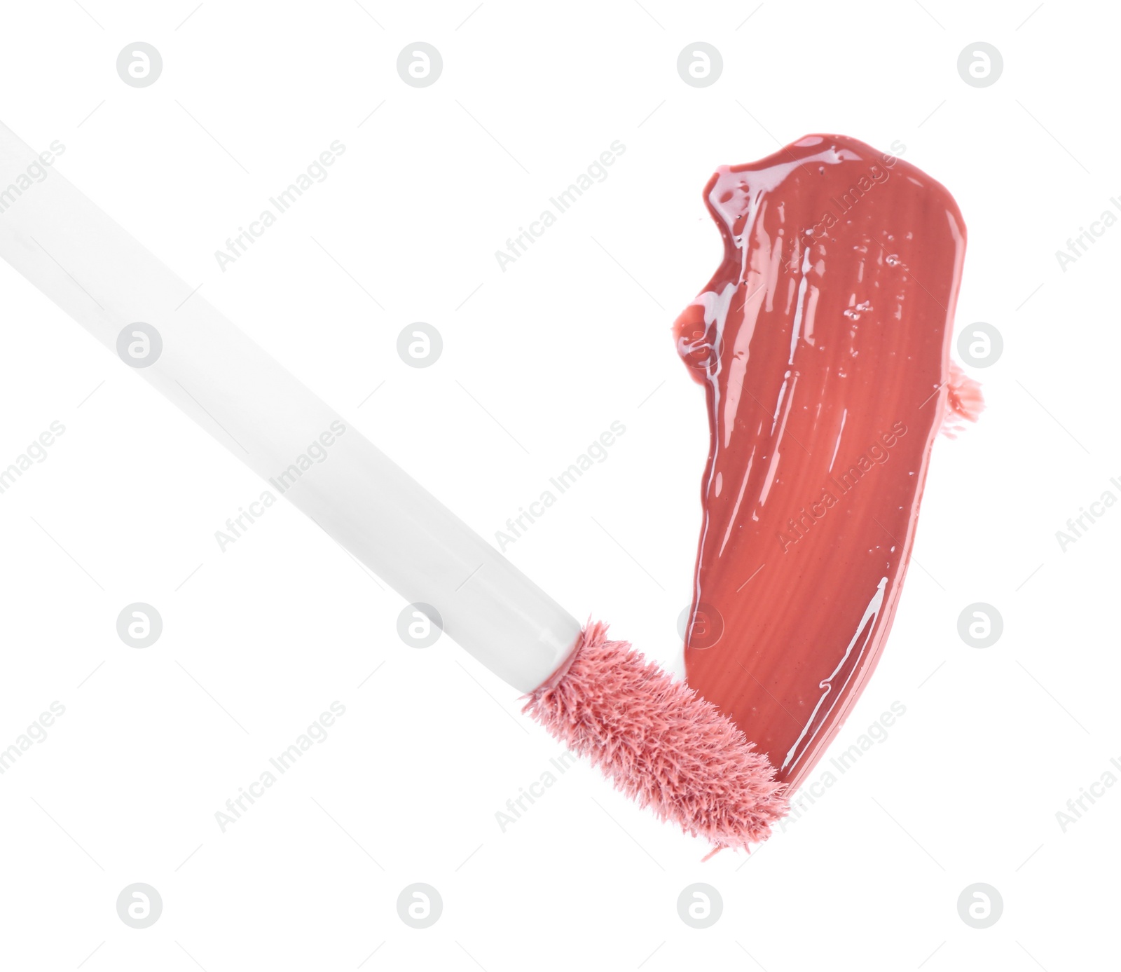 Photo of Stroke of color lip gloss and applicator isolated on white, top view