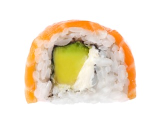 Photo of Delicious sushi roll with salmon isolated on white
