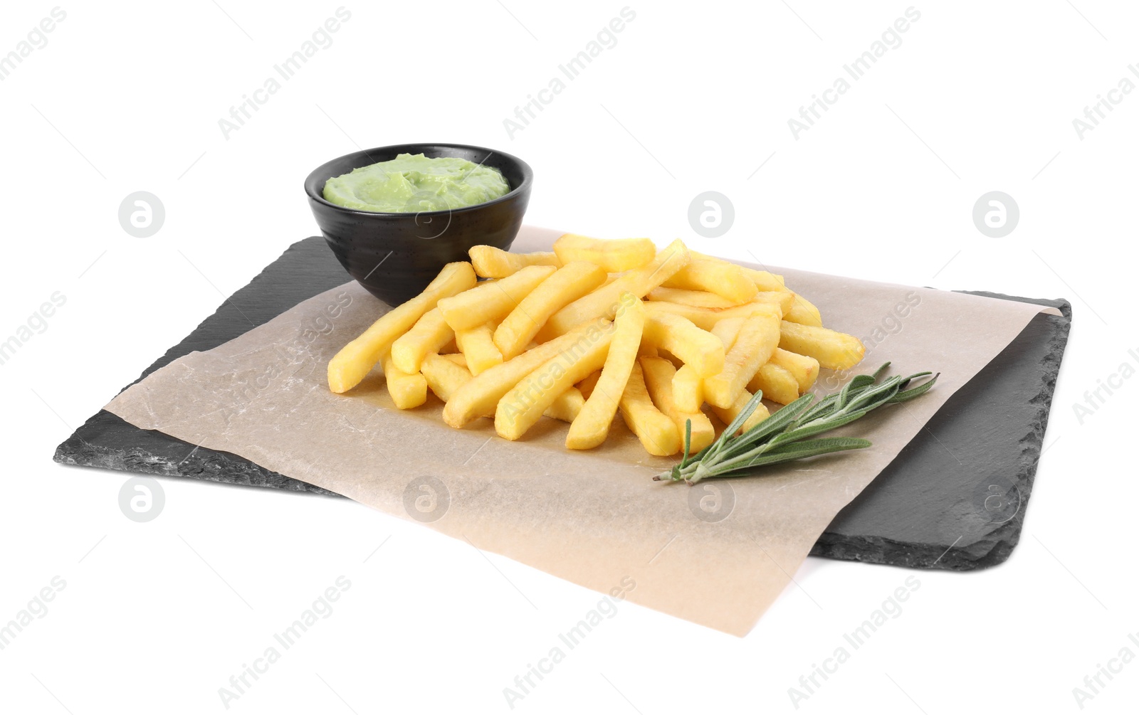Photo of Serving board with delicious french fries, avocado dip and rosemary isolated on white
