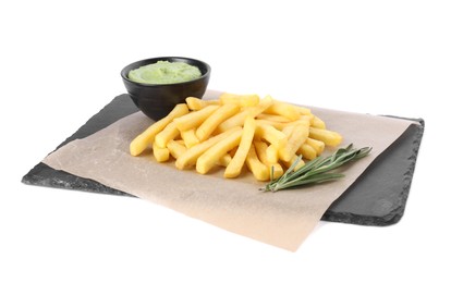 Photo of Serving board with delicious french fries, avocado dip and rosemary isolated on white