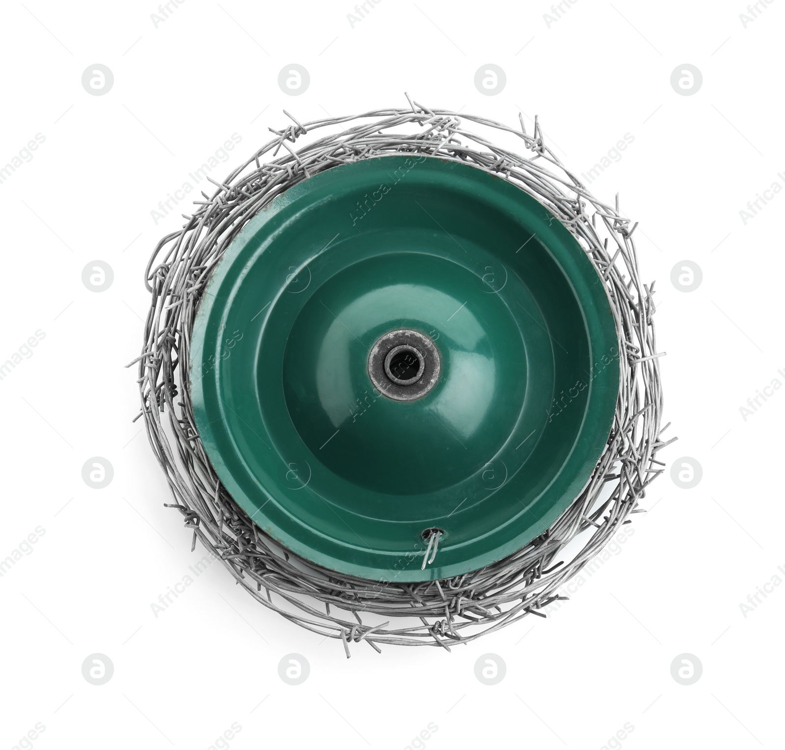 Photo of Coil of metal barbed wire isolated on white, top view