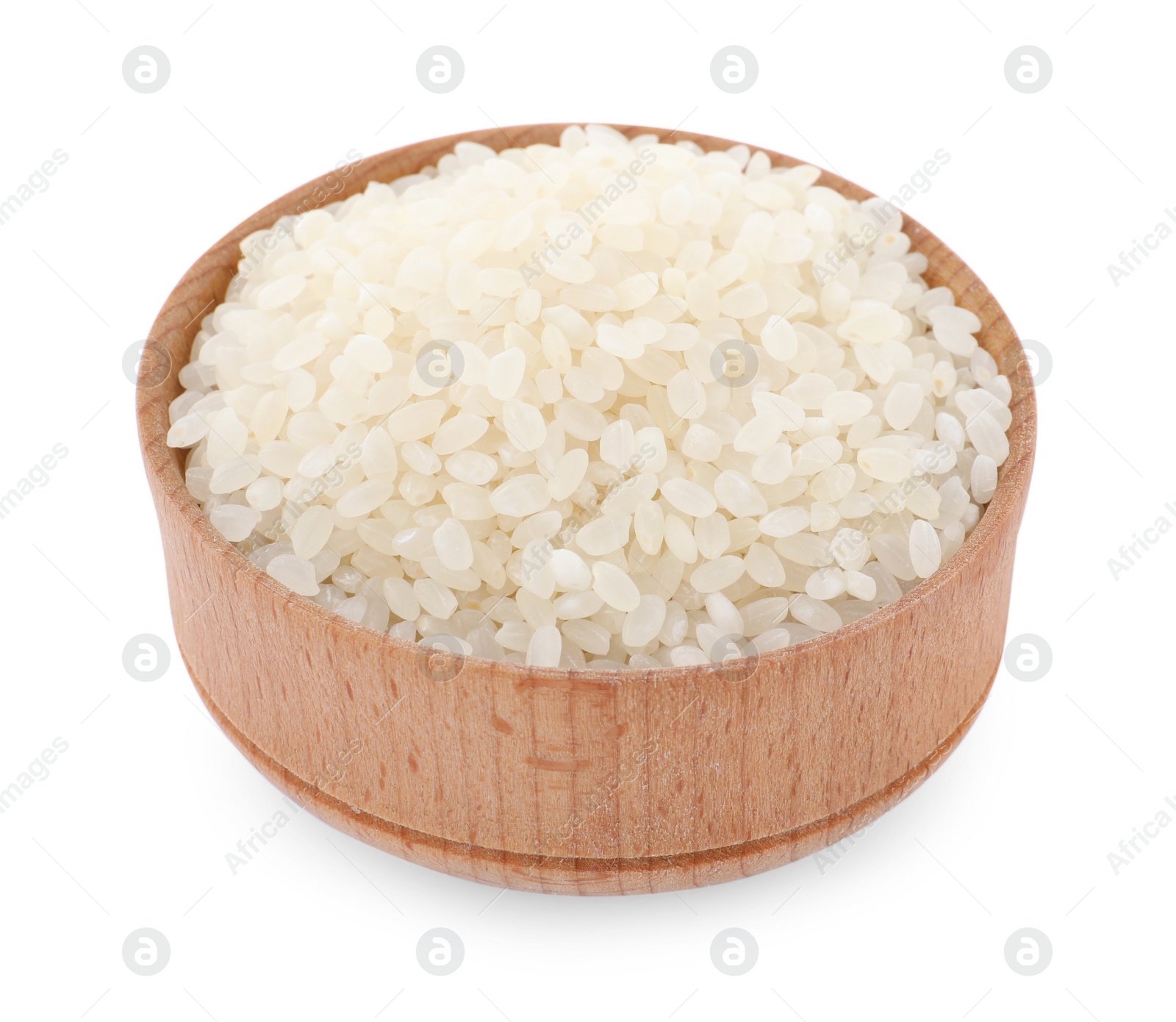 Photo of Bowl with raw rice isolated on white