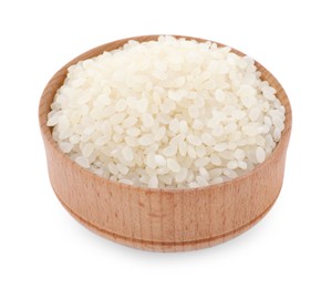 Bowl with raw rice isolated on white