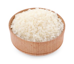 Photo of Bowl with raw rice isolated on white