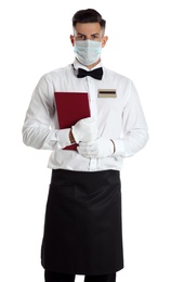 Photo of Waiter in medical face mask with menu on white background