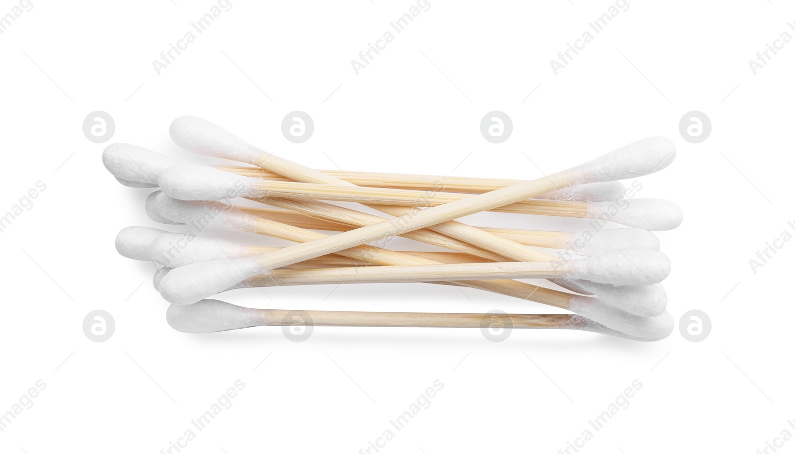 Photo of Wooden cotton buds on white background, top view