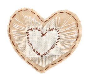 Photo of Heart of burlap fabric with color stitches isolated on white, top view