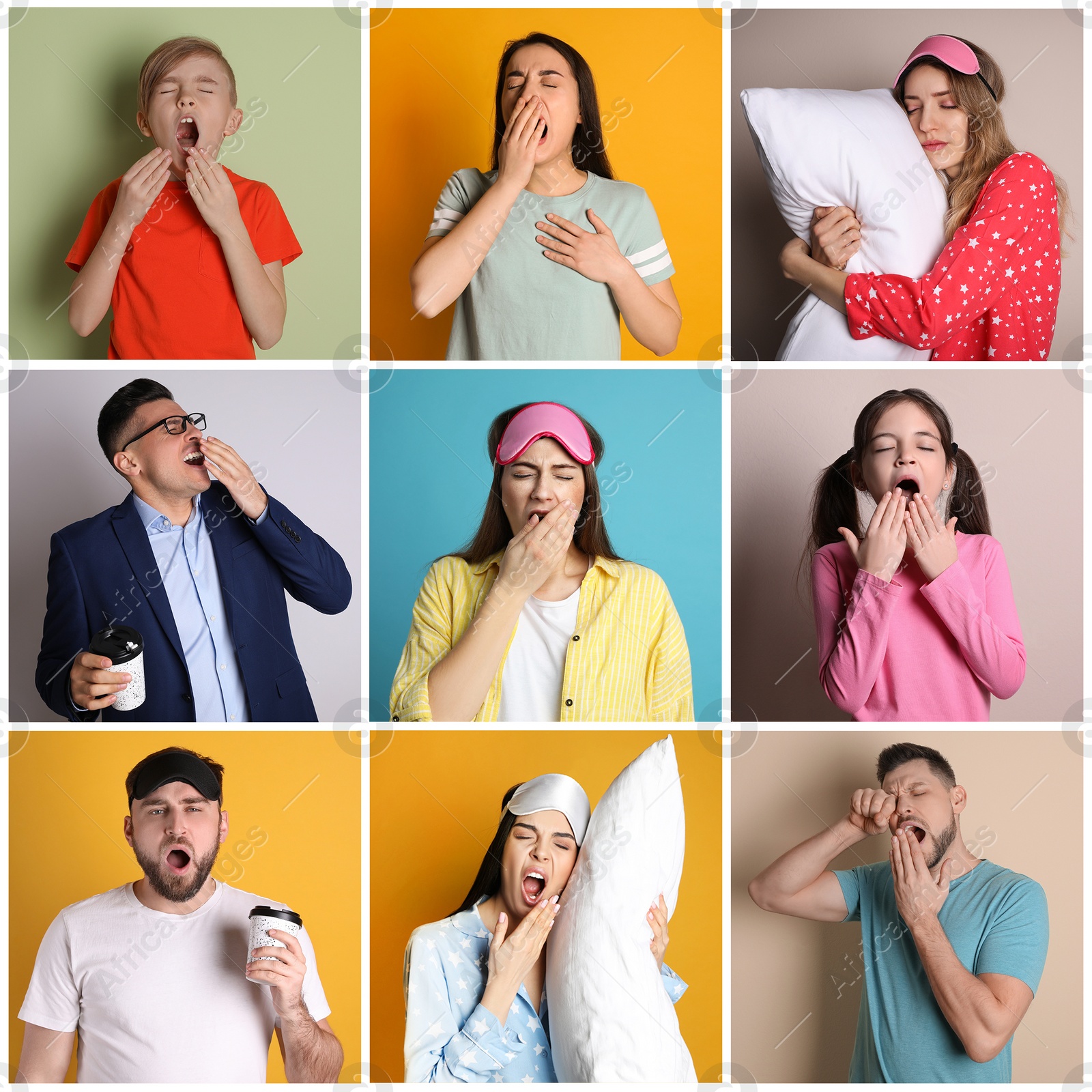 Image of Sleepy people yawning on different color backgrounds, collage