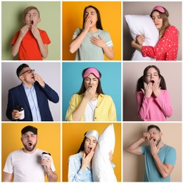 Sleepy people yawning on different color backgrounds, collage