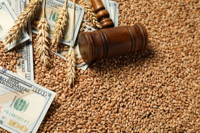 Photo of Dollar banknotes, wooden gavel and wheat ears on grains, closeup. Agricultural business