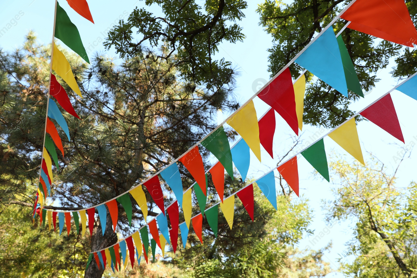 Photo of Colorful bunting flags in park. Party decor