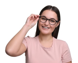 Beautiful woman with glasses on white background