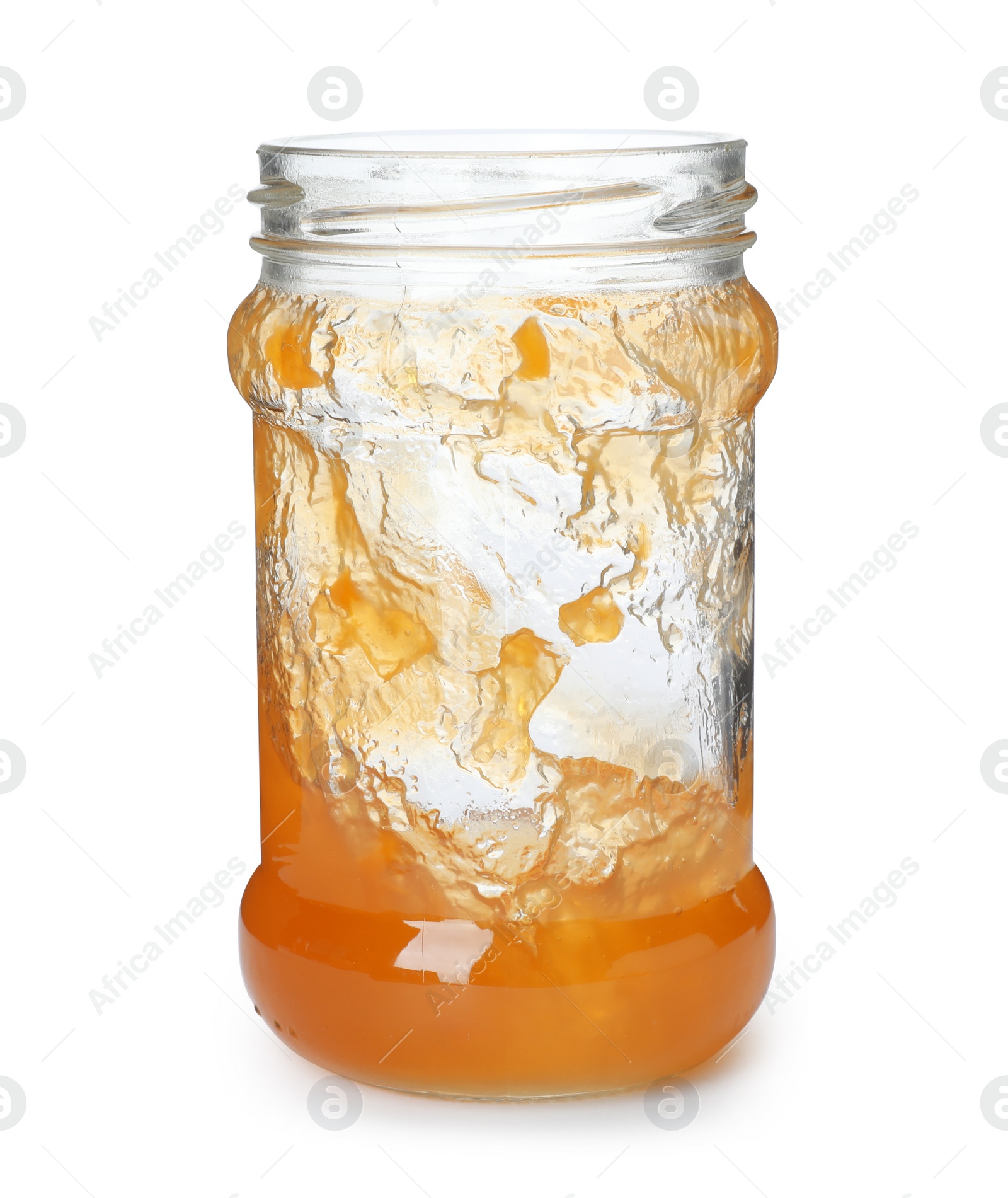 Photo of Jar with peach jam on white background