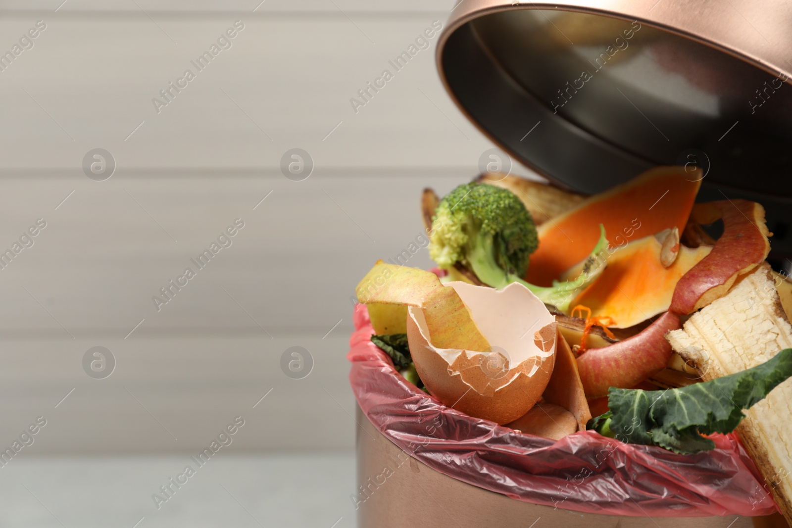 Photo of Natural garbage in trash bin on light background, closeup with space for text. Composting of organic waste