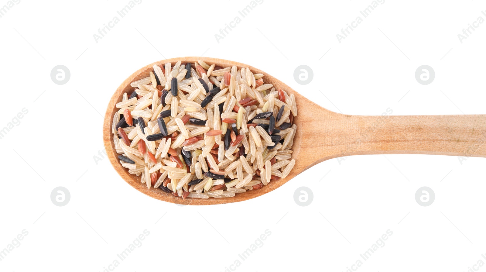 Photo of Mix of different brown rice in wooden spoon isolated on white, top view