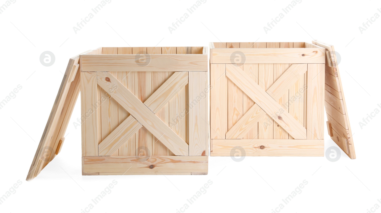 Photo of Pair of open wooden crates isolated on white