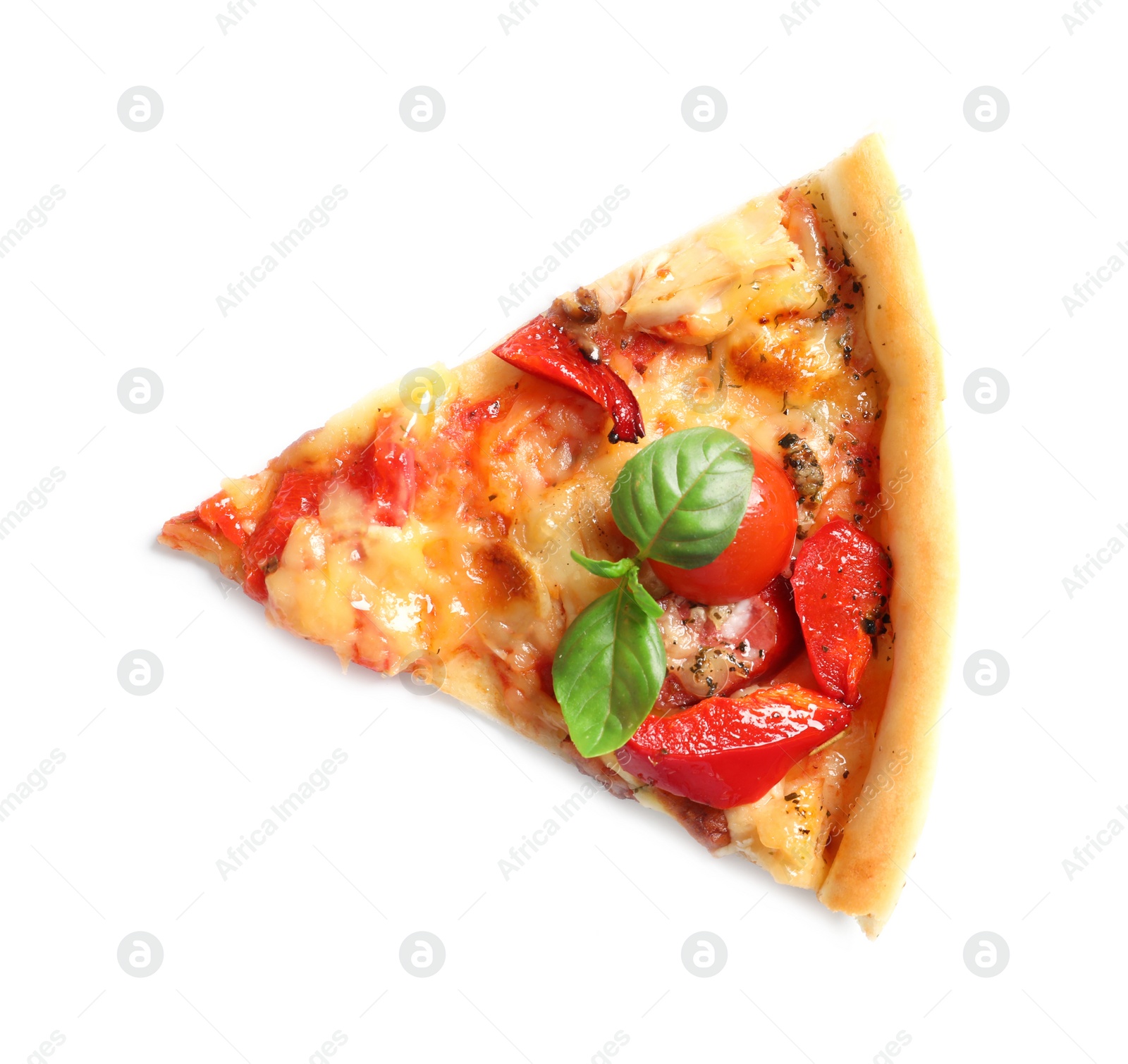 Photo of Slice of tasty pizza with tomatoes and sausages on white background