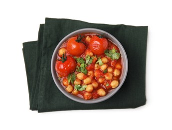 Delicious chickpea curry in bowl on white background, top view