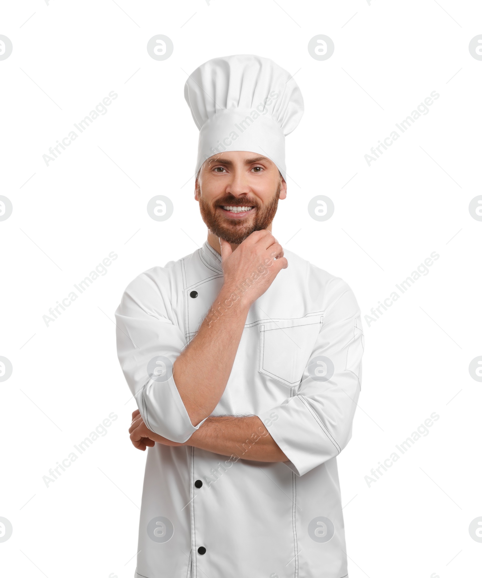 Photo of Smiling mature male chef on white background