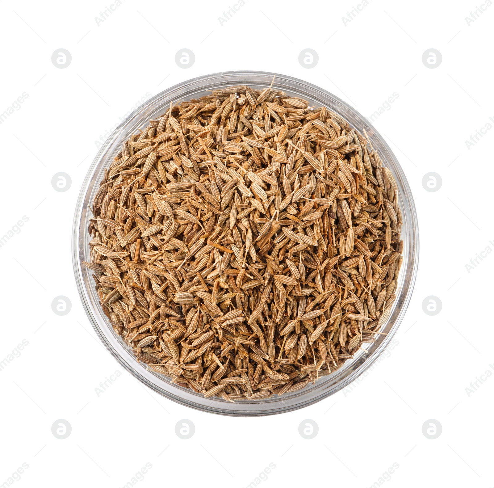 Photo of Bowl of aromatic caraway (Persian cumin) seeds isolated on white, top view