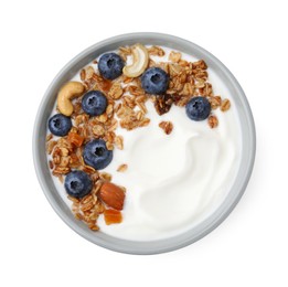 Photo of Bowl with yogurt, blueberries and granola isolated on white, top view