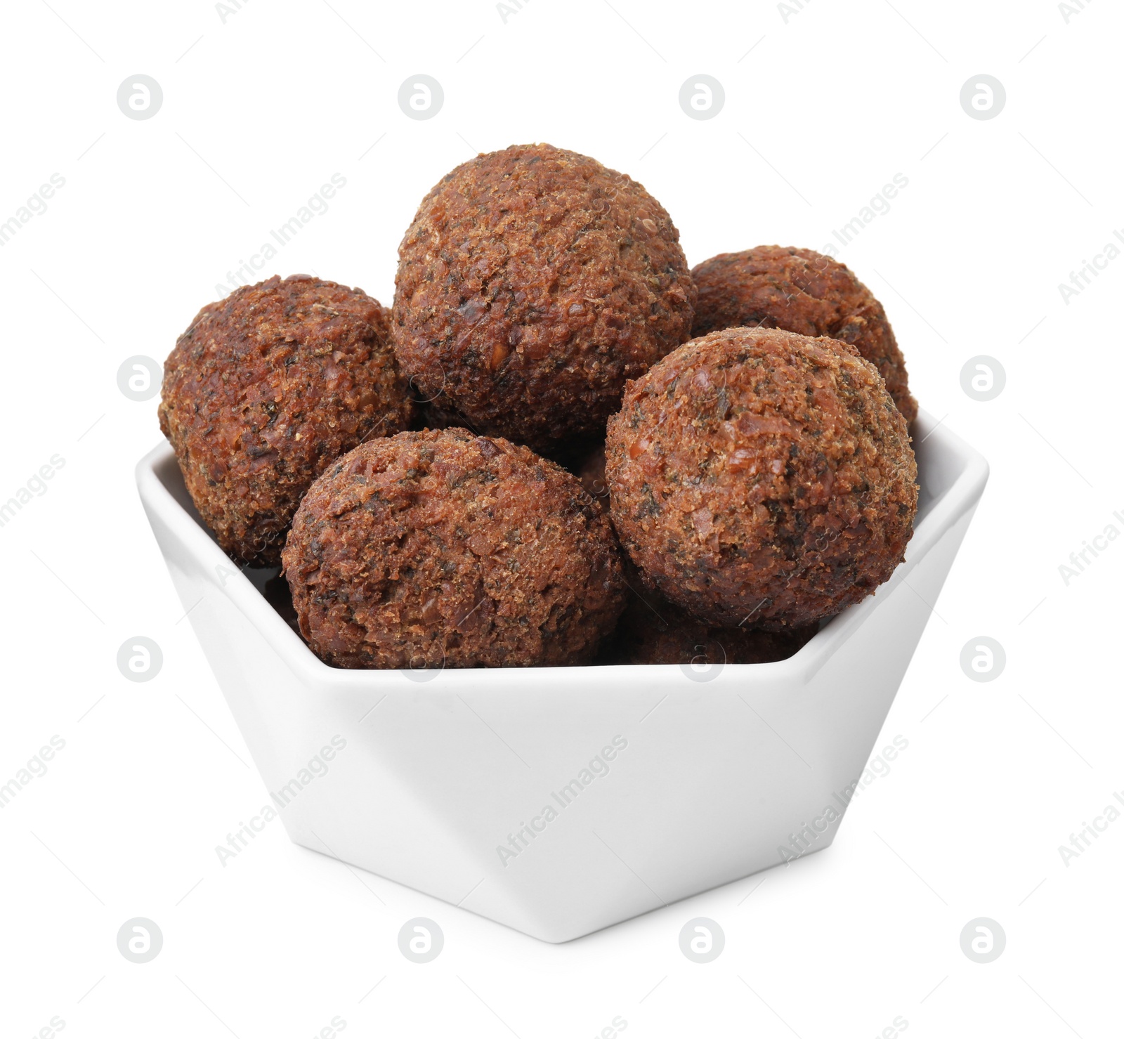 Photo of Delicious falafel balls in bowl isolated on white