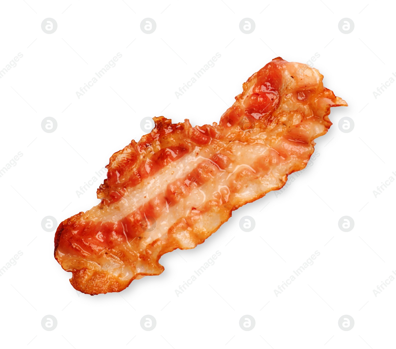 Photo of One fried bacon slice isolated on white, top view