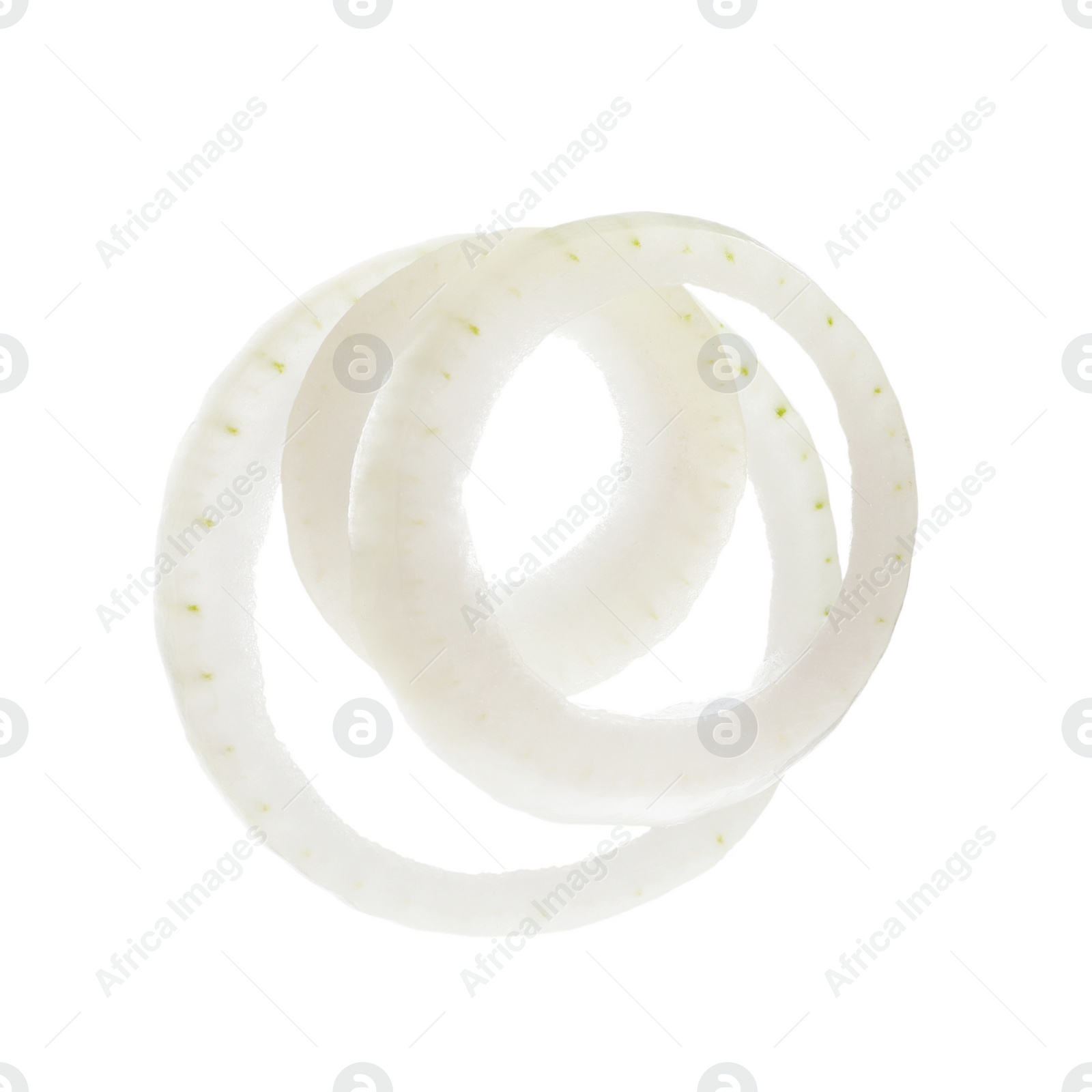 Photo of Fresh raw onion rings on white background