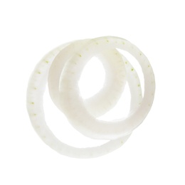 Photo of Fresh raw onion rings on white background