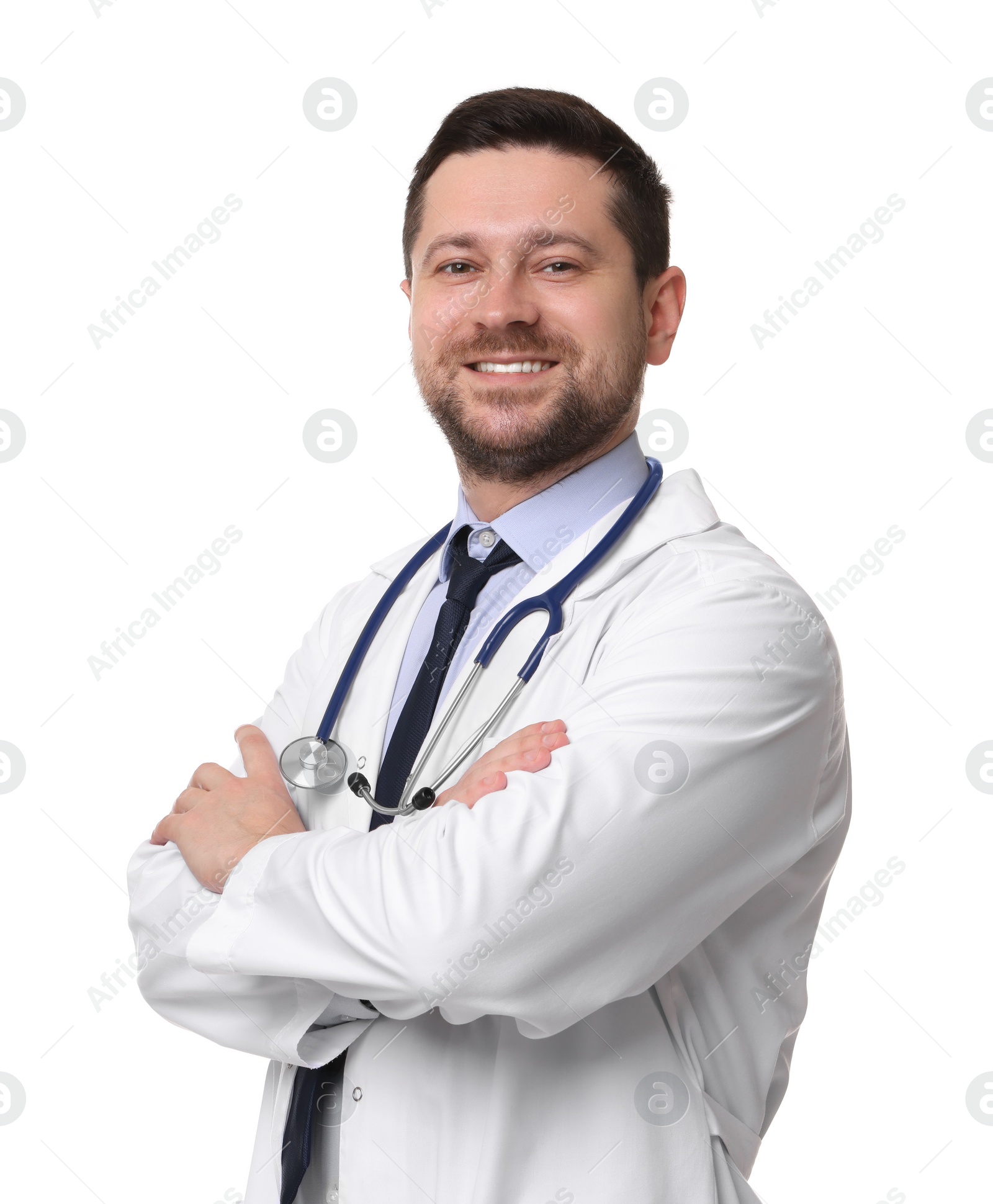 Photo of Portrait of smiling doctor isolated on white