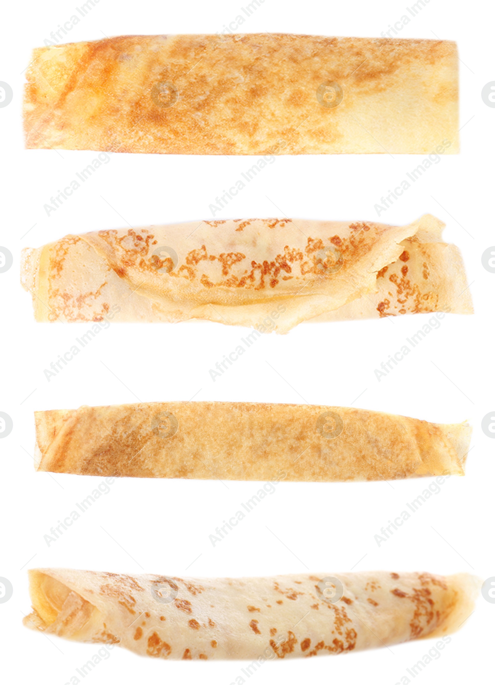 Image of Set of tasty thin pancakes on white background