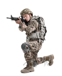 Male soldier with machine gun on white background. Military service