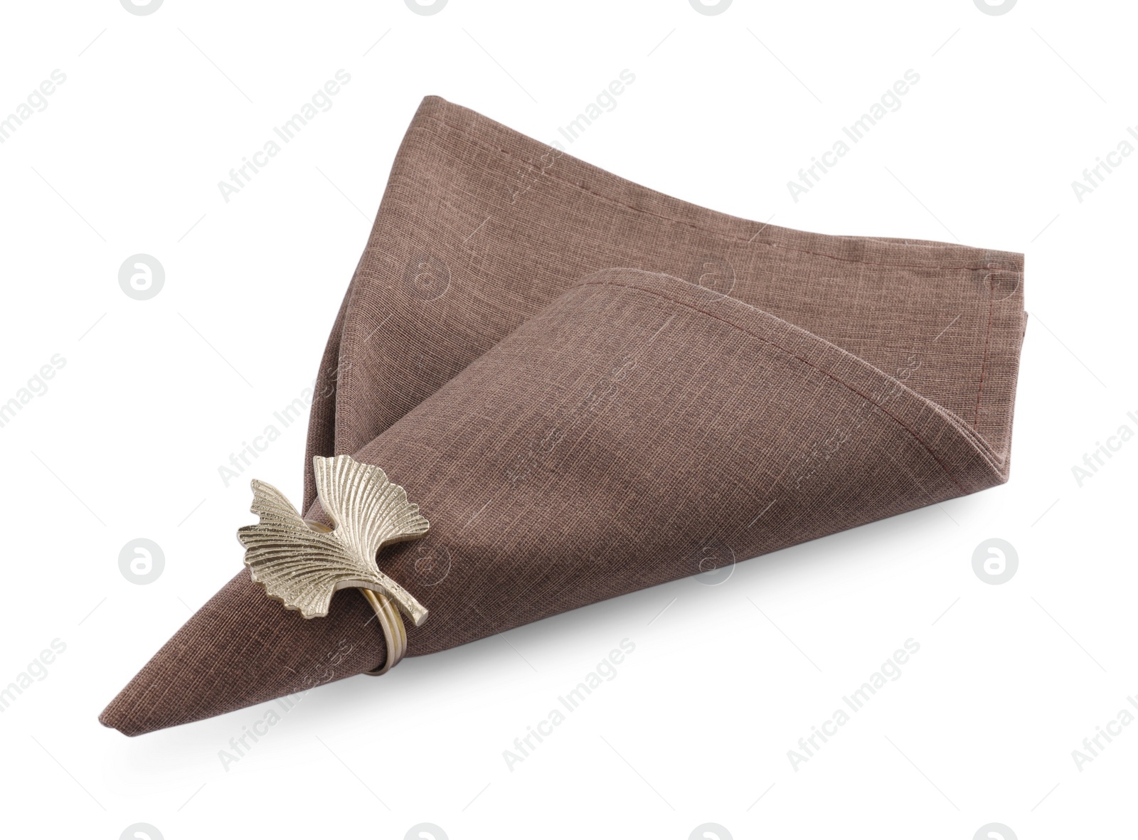 Photo of Napkin with decorative ring for table setting isolated on white